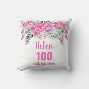 100th birthday pink floral name cushion