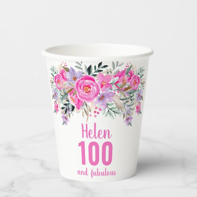 100th birthday pink floral paper cups (Front)