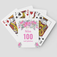 100th birthday pink floral playing cards