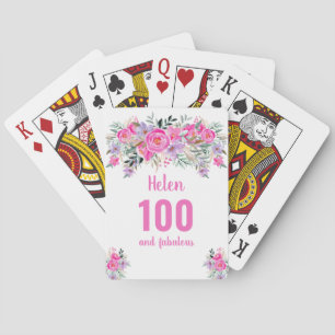 100th birthday pink floral playing cards