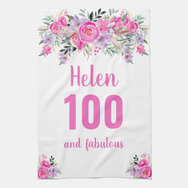 100th birthday pink floral unique  tea towel (Vertical)