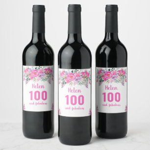 100th birthday pink floral wine label