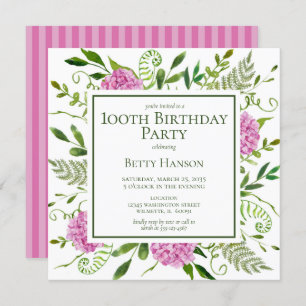 100th Birthday Pink Hydrangeas Invitation