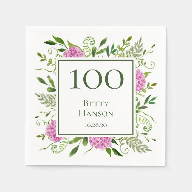 100th Birthday Pink Hydrangeas Napkin (Front)