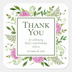 100th Birthday Pink Hydrangeas Thank You Square Sticker