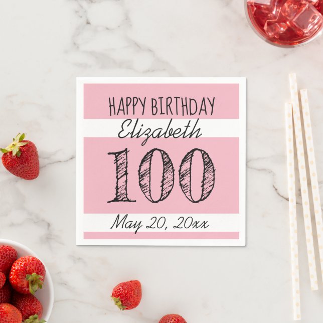 100th Birthday PINK Personalised Paper Napkins (Insitu)
