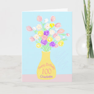 100th birthday pink & purple flower vase card