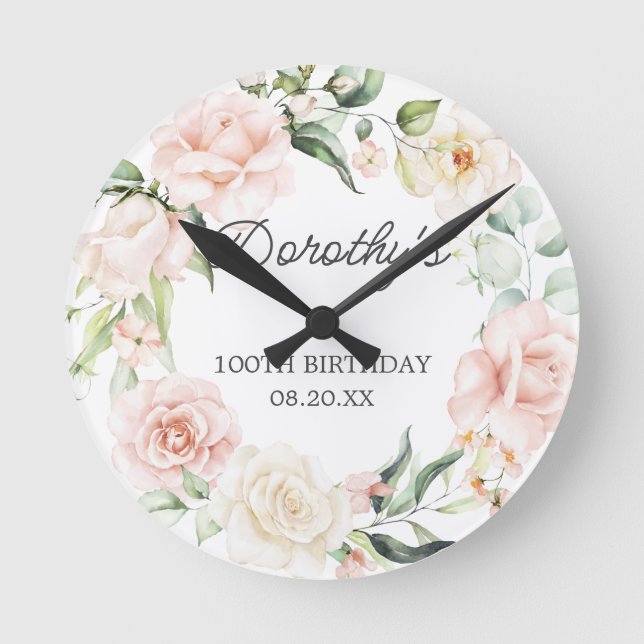 100th Birthday Pink Rose Floral Eucalyptus Wreath Round Clock (Front)