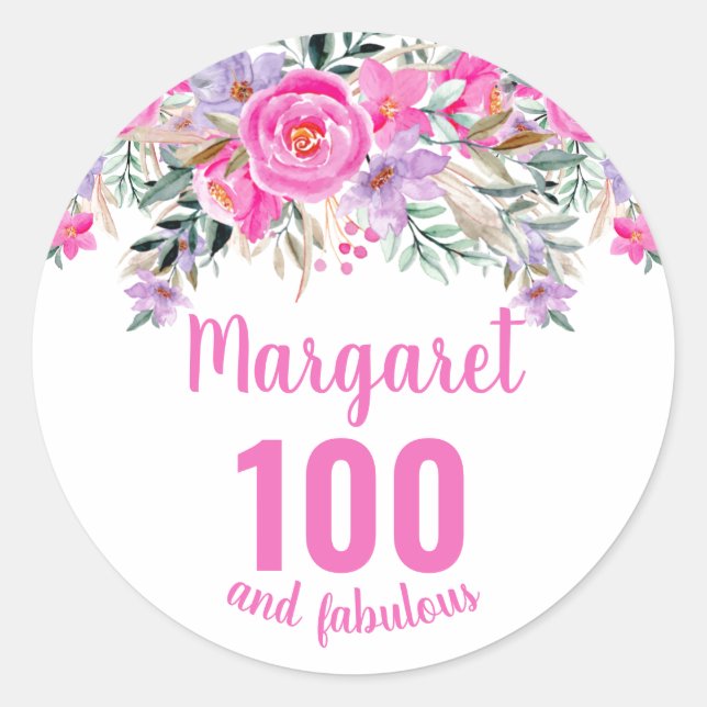 100th birthday pink watercolor floral  classic round sticker (Front)