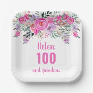 100th birthday pink watercolor floral paper plate