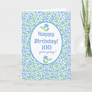 100th Birthday Pretty Blue Green Periwinkle Floral Card