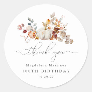 100th Birthday Pumpkin Fall Flower Thank You Classic Round Sticker