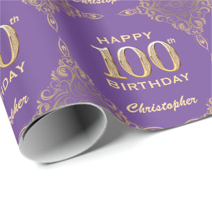 100th Birthday Purple and Gold Glitter Frame Wrapping Paper