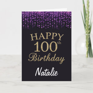 100th Birthday Purple Black and Gold Glitter Card