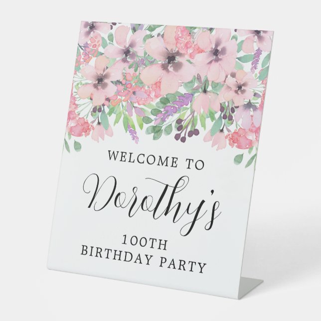 100th Birthday Purple Pink Wildflower Welcome Pedestal Sign (Front)