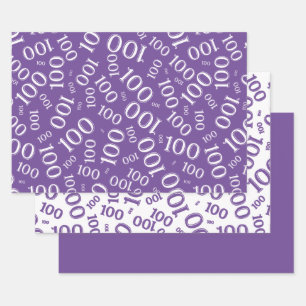 100th Birthday  Purple Random Number Pattern Wrapping Paper Sheet