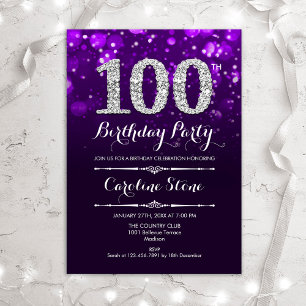 100th Birthday - Purple Silver Invitation