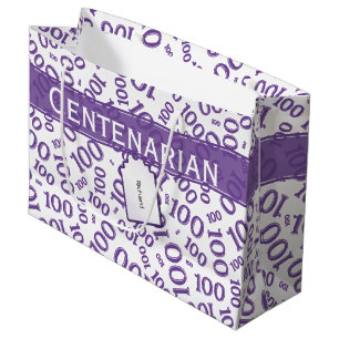100th Birthday Purple/White Random Number Pattern- Large Gift Bag
