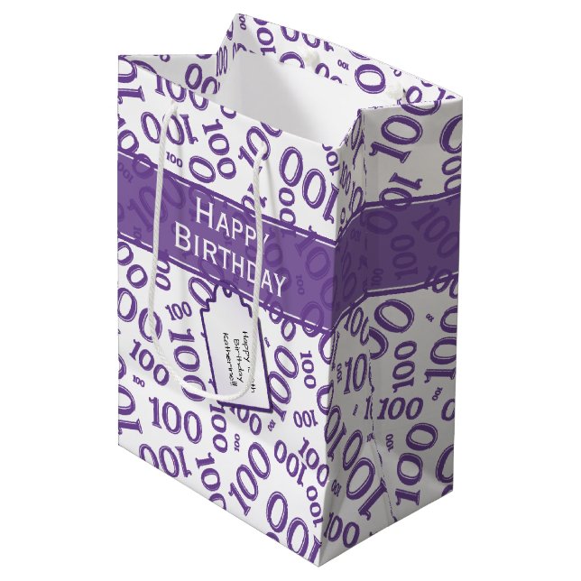 100th Birthday Purple/White Random Number Pattern- Medium Gift Bag (Front Angled)