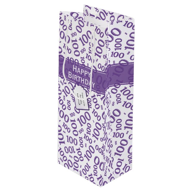 100th Birthday Purple/White Random Number Pattern- Wine Gift Bag (Front Angled)