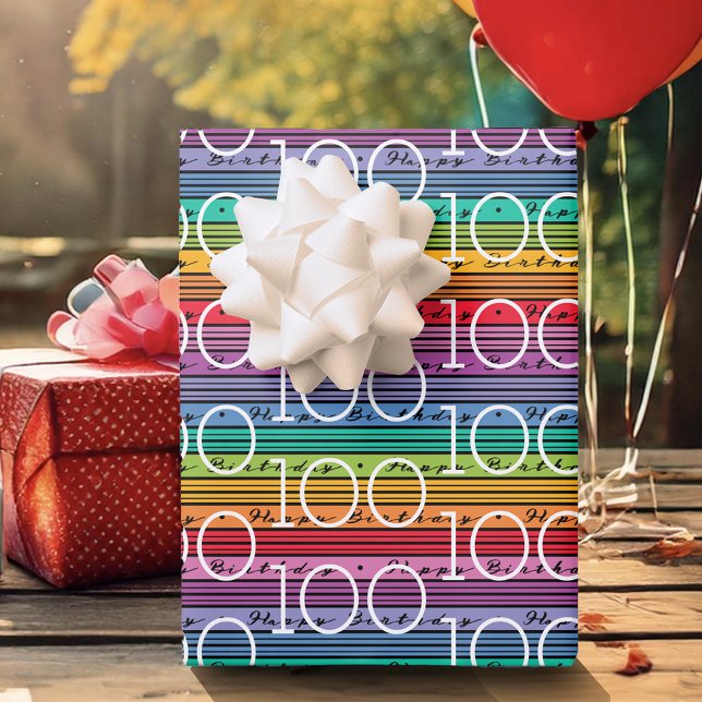 100th Birthday Rainbow Stripes Wrapping Paper Sheet (Creator Uploaded)
