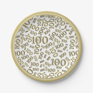 100th Birthday Random Number Pattern Gold/White Paper Plate