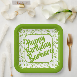 100th Birthday Random Number Pattern Green/White Paper Plate