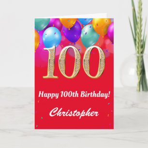 100th Birthday Red and Gold Colourful Balloons Card
