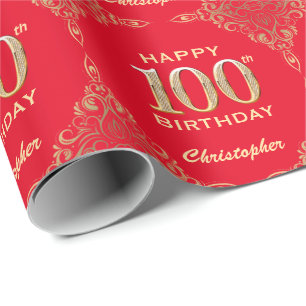 100th Birthday Red and Gold Glitter Frame Wrapping Paper