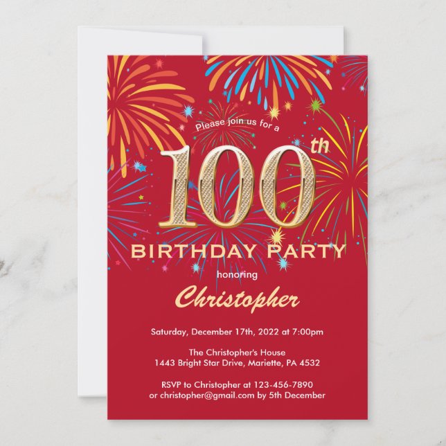 100th Birthday Red and Gold Rainbow Fireworks Invitation (Front)