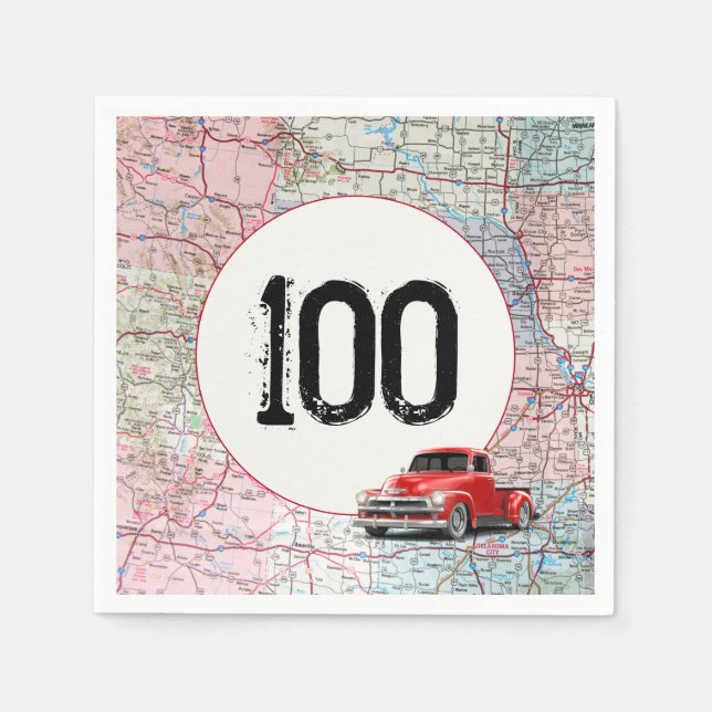 100th Birthday Red Retro Truck on Road Map  Napkin (Front)