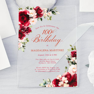 100th Birthday Red Rose Pink Peony Floral Acrylic Invitations