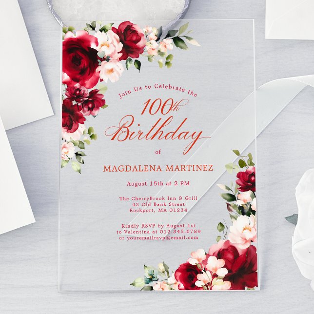 100th Birthday Red Rose Pink Peony Floral Acrylic Invitations (Creator Uploaded)
