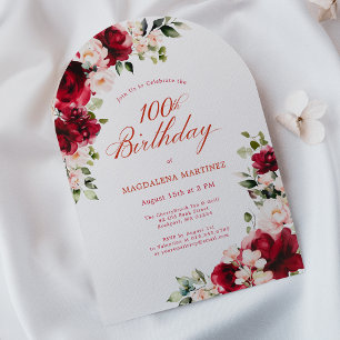 100th Birthday Red Rose Pink Peony Floral Arch Invitation