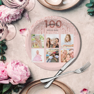 100th birthday rose gold blush glitter photo paper plate