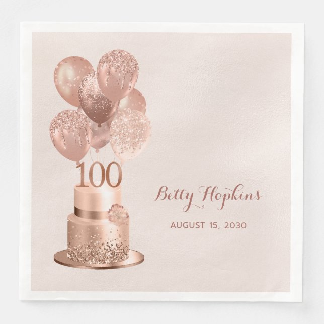 100th Birthday Rose Gold Cake Napkin (Front)