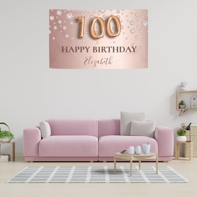 100th birthday rose gold diamonds balloon script banner (Creator Uploaded)