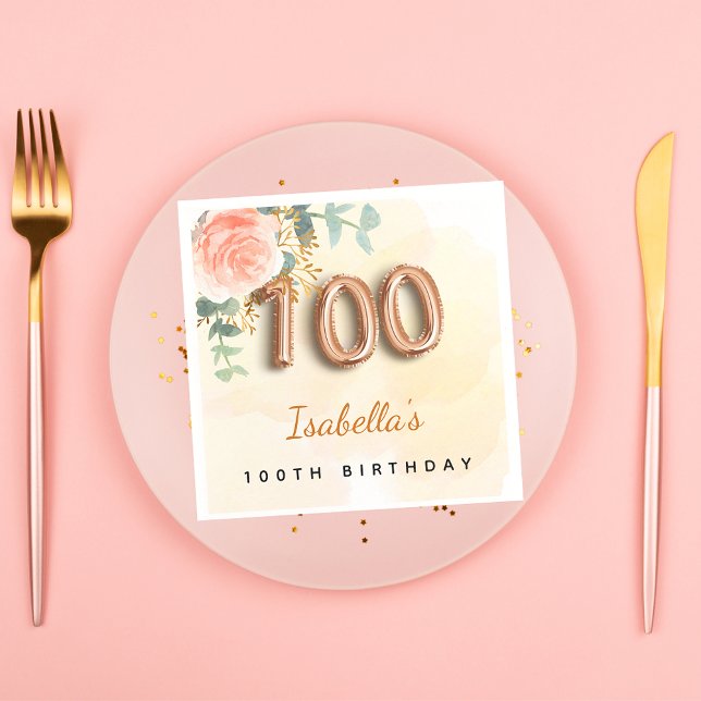 100th birthday rose gold eucalyptus monogram napkin (Creator Uploaded)