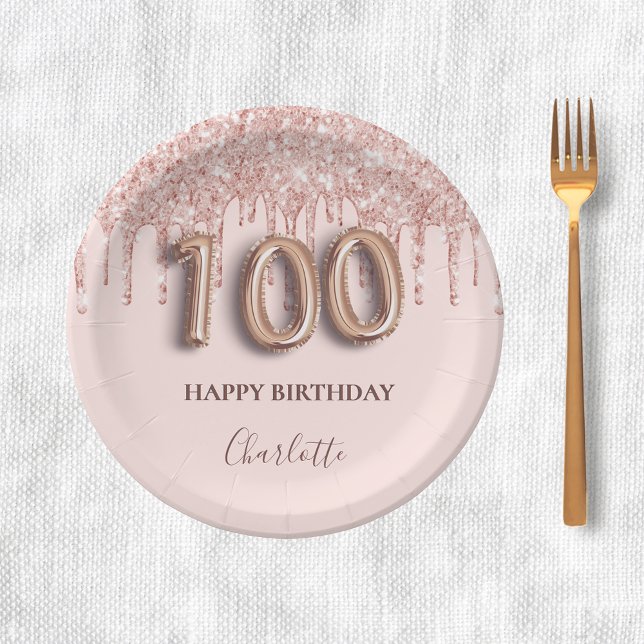 100th birthday rose gold glitter pink balloon chic paper plate (Creator Uploaded)