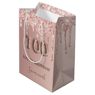 100th birthday rose gold glitter pink balloon medium gift bag