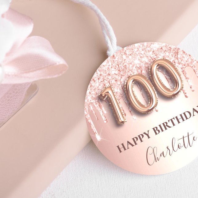 100th birthday rose gold glitter pink balloon text classic round sticker (Creator Uploaded)