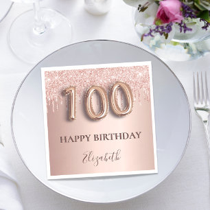 100th birthday rose gold glitter pink balloon text napkin