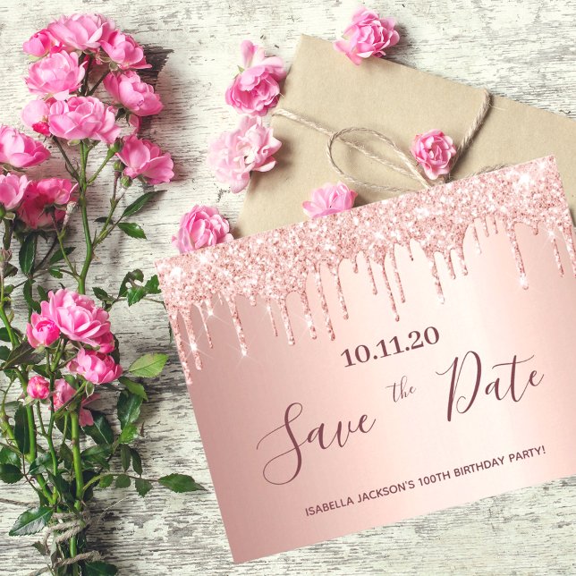 100th birthday rose gold glitter save the date postcard (Creator Uploaded)