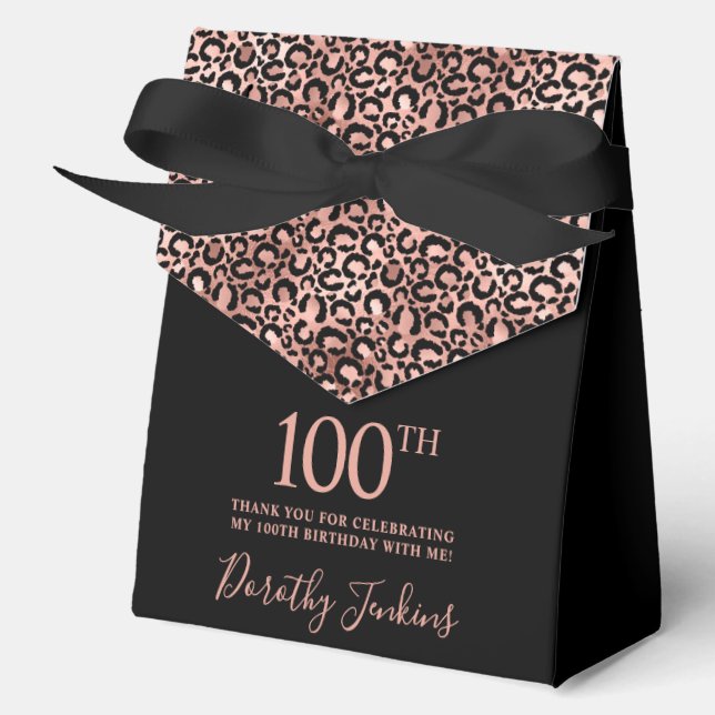 100th Birthday Rose Gold Leopard Print Thank You  Favour Box (Front)