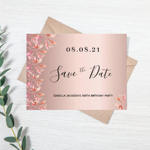 100th birthday rose gold pink floral save the date postcard