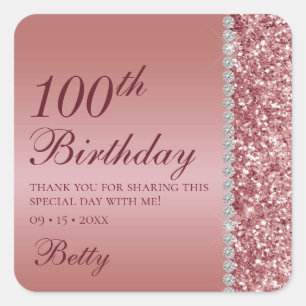 100th Birthday Rose Gold Square Sticker
