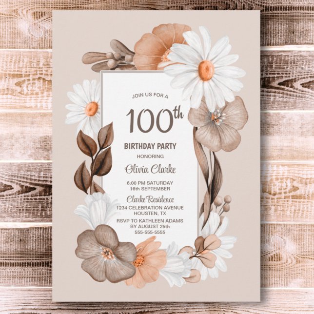 100th Birthday Rustic Boho Floral Party Invitation (Creator Uploaded)