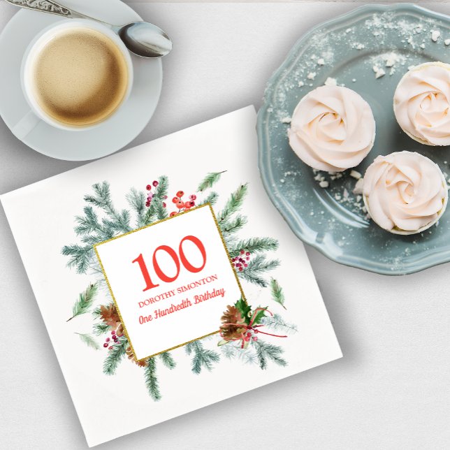 100th Birthday Rustic Winter Greenery Napkin (Creator Uploaded)