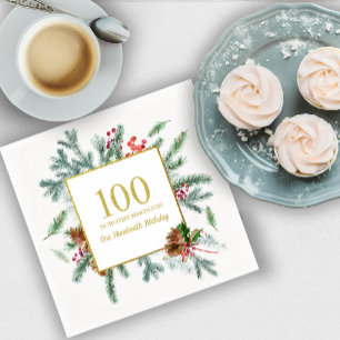 100th Birthday Rustic Winter Greenery Red Bow Napkin