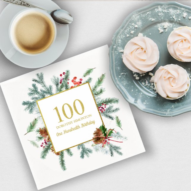 100th Birthday Rustic Winter Greenery Red Bow Napkin (Creator Uploaded)